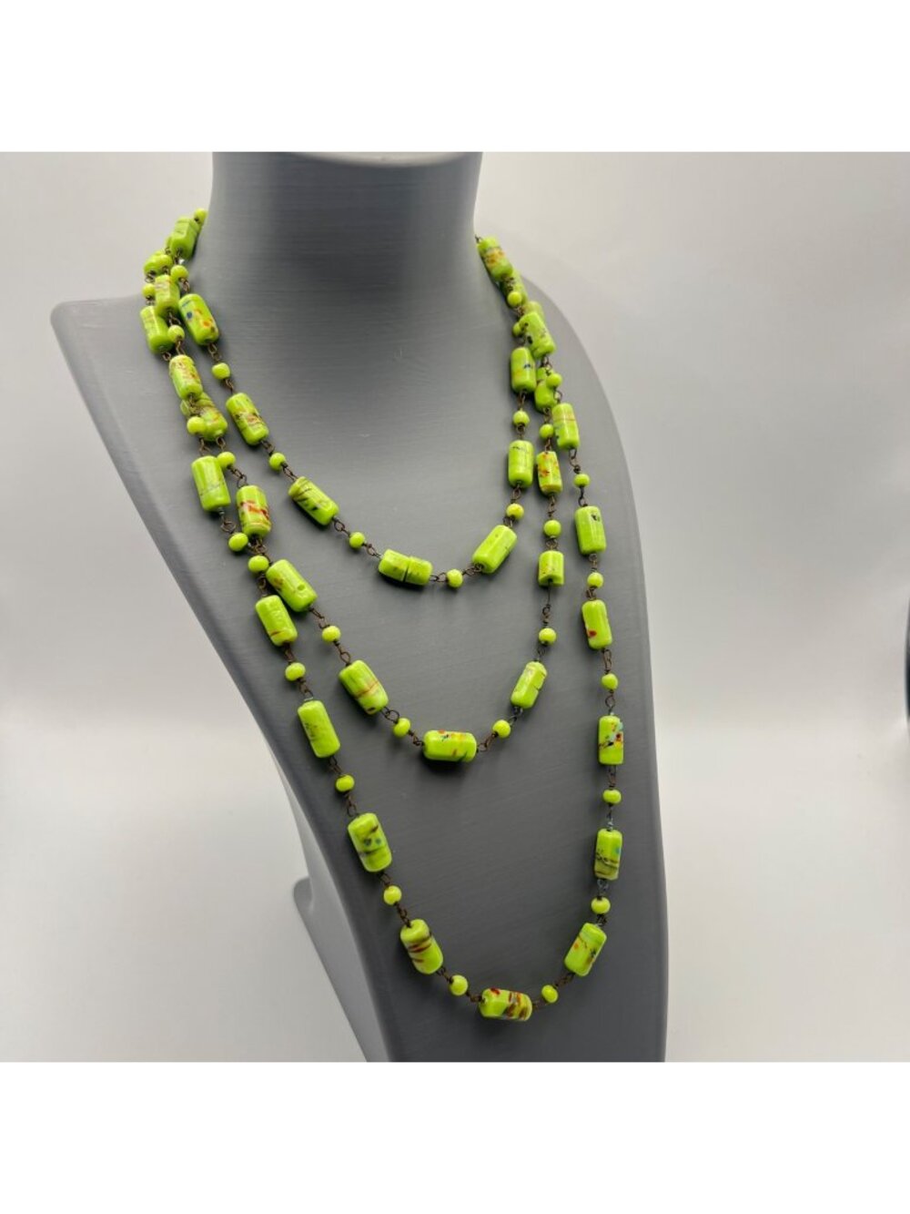 Lime Green Splatter Art Glass Bead Necklace 52" Boho Copper Tone LOOK READ